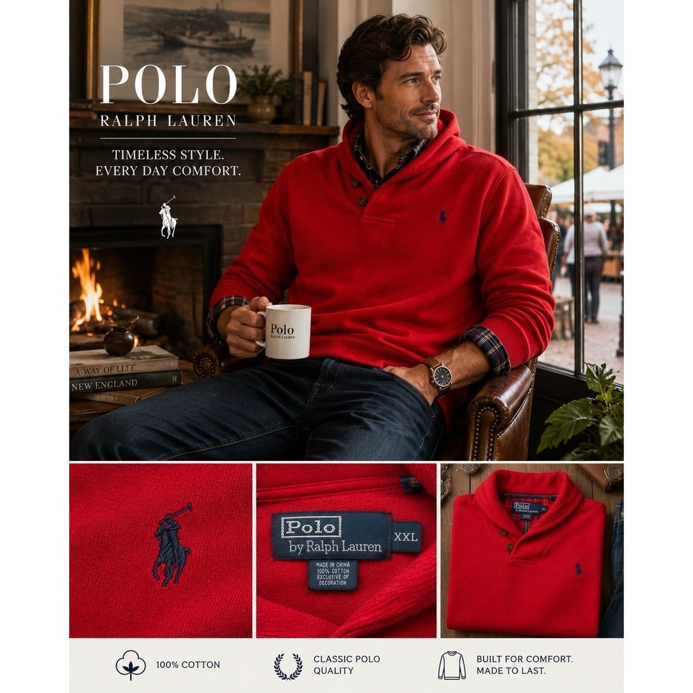 Polo Ralph Lauren Red Shawl Collar Sweatshirt XXL 100% Cotton Pullover Pony Logo